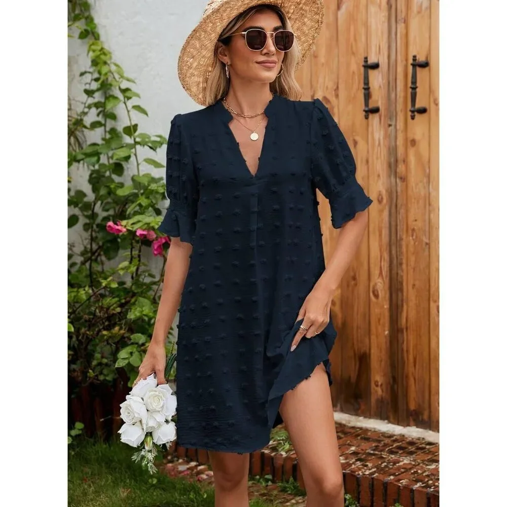 Women Royal Blue Polyester V-Neck Loose Fit Short Sleeve Knee Length Shift Dress - Picture 2 of 6